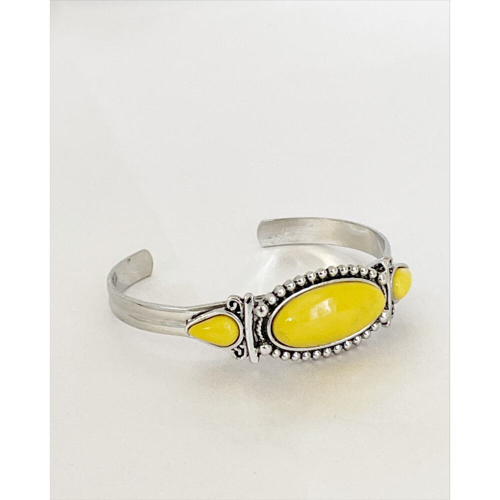 Paparazzi Tribal Trinket Bangle Bracelet Yellow Stones Bead Studded Silver Cuff - Picture 6 of 9